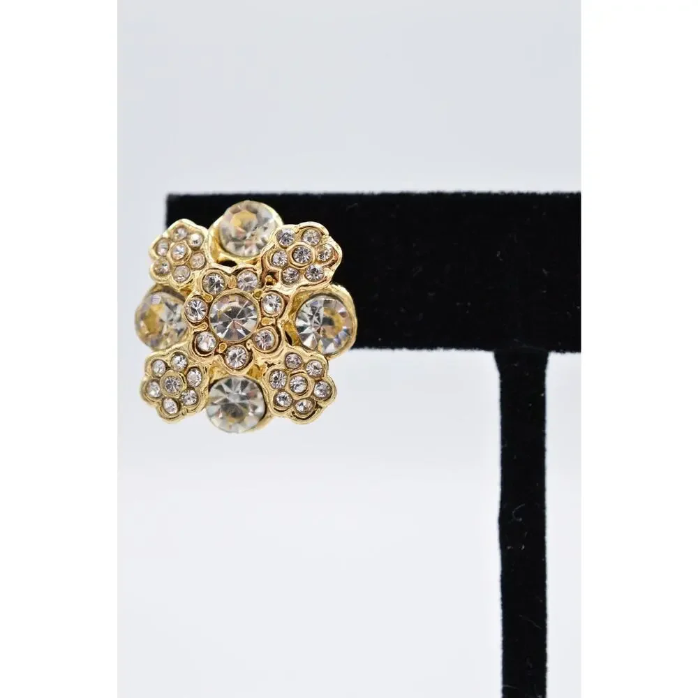 Vintage Crystal Flower Clip On Earrings Rhinestone Gold Tone Shiny 1980s BinAF